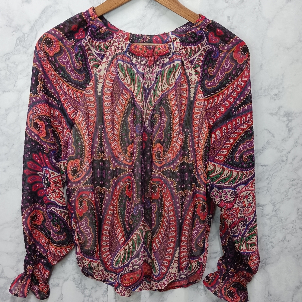 New Loft Tunic Top Women Size XS Red Purple Relaxed Fit Long Sleeve